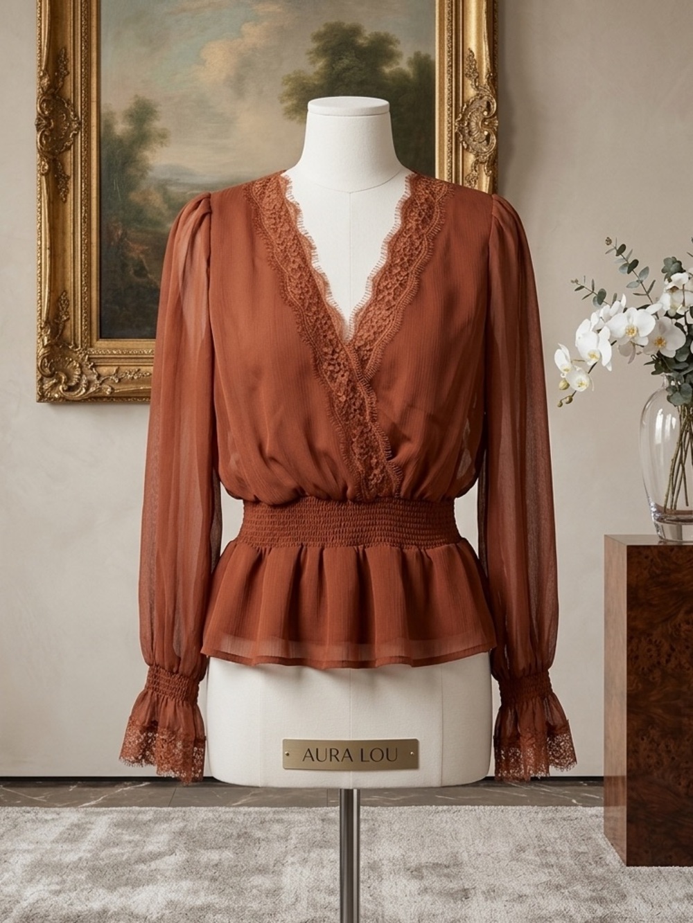 Selfe Burnt Orange Brown Womens Long Sleeve Lace Blouse Top Medium Elastic Waist